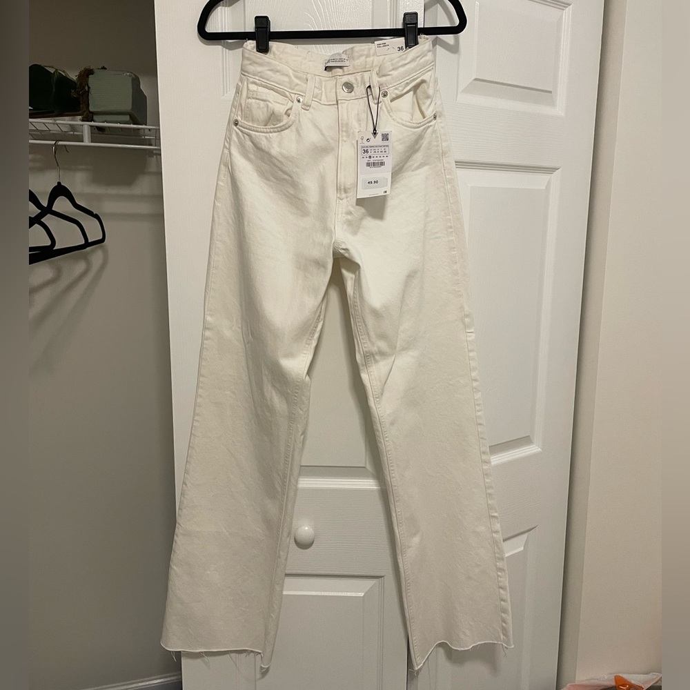 Zara Full Length Wide Leg Jeans White NWT